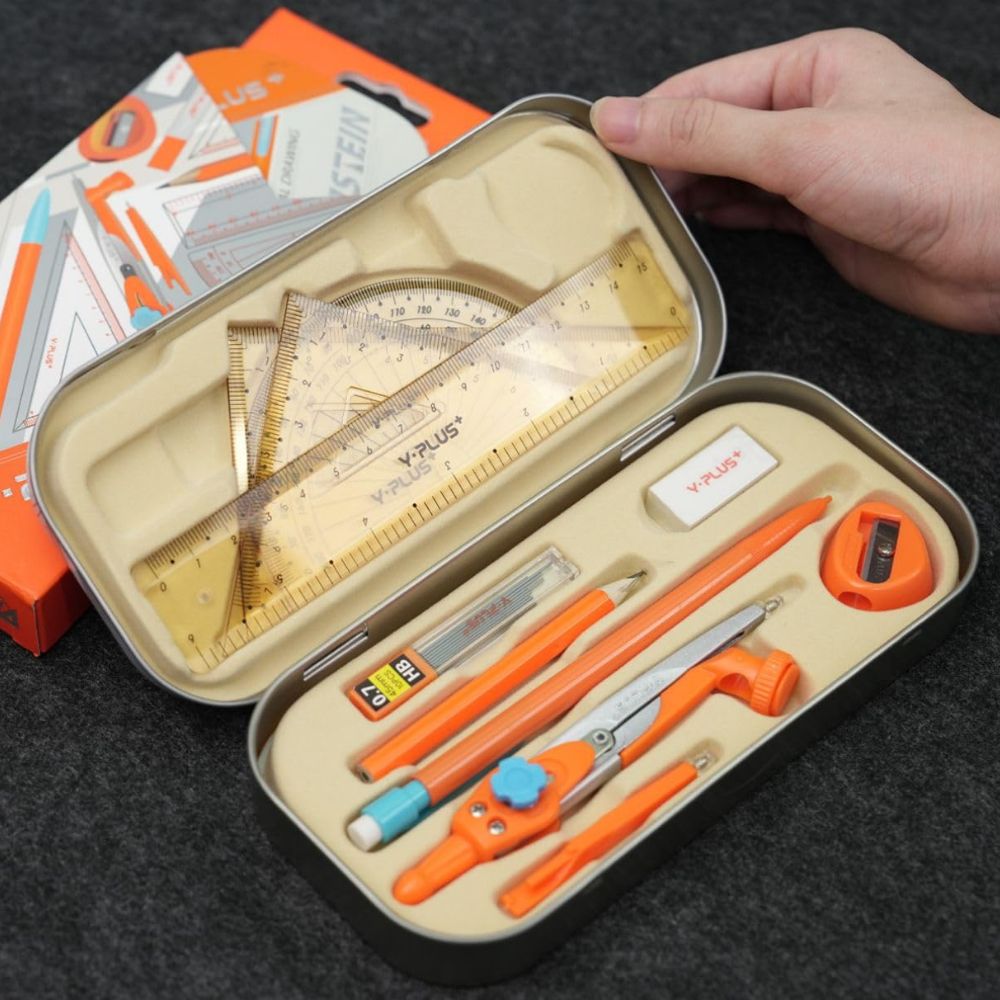 Mathematics geometry set with ruler, protractor, protractor and pencils