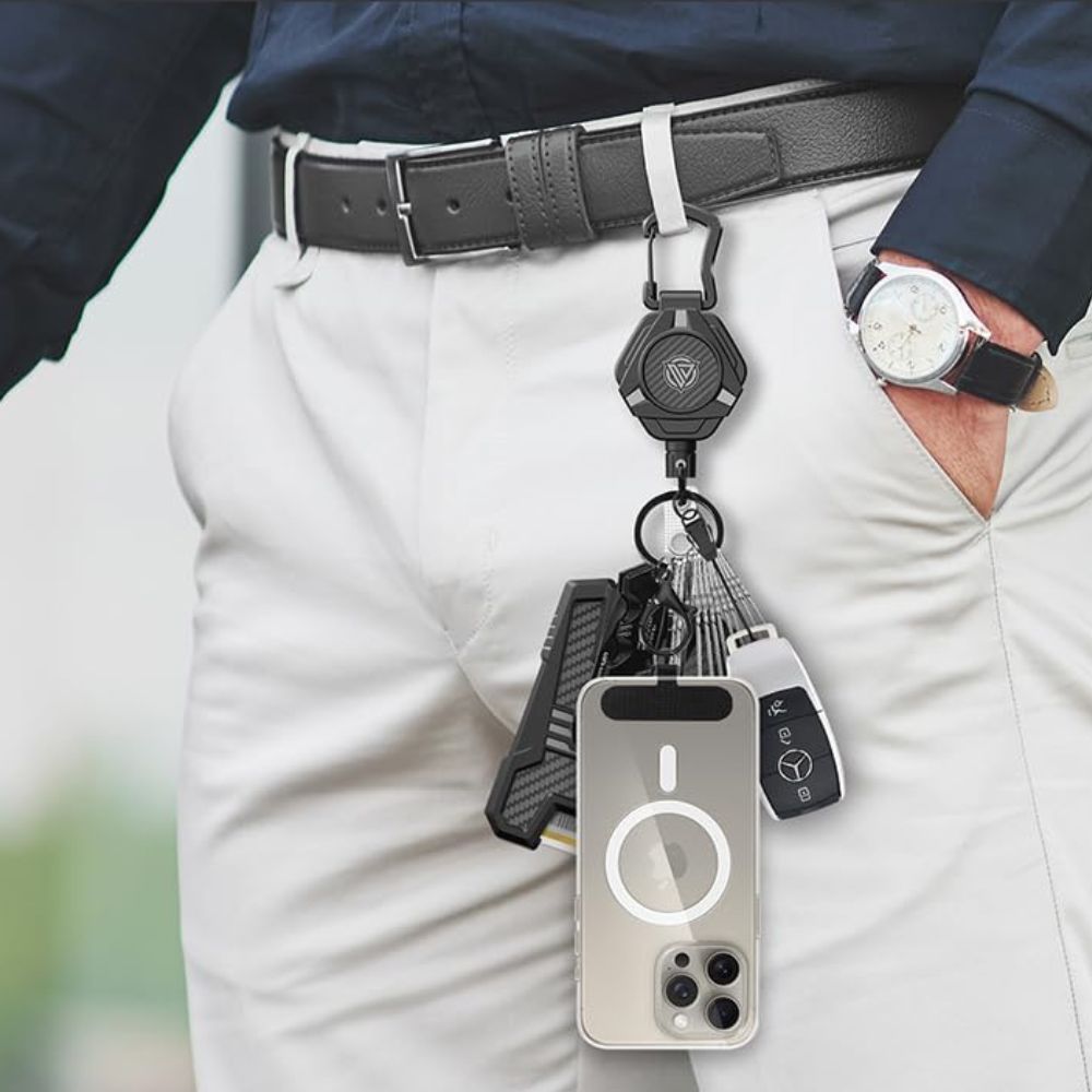 Magnetic Retractable Keychain (2-Pack): Carabiner ID badge holder with coated steel cable