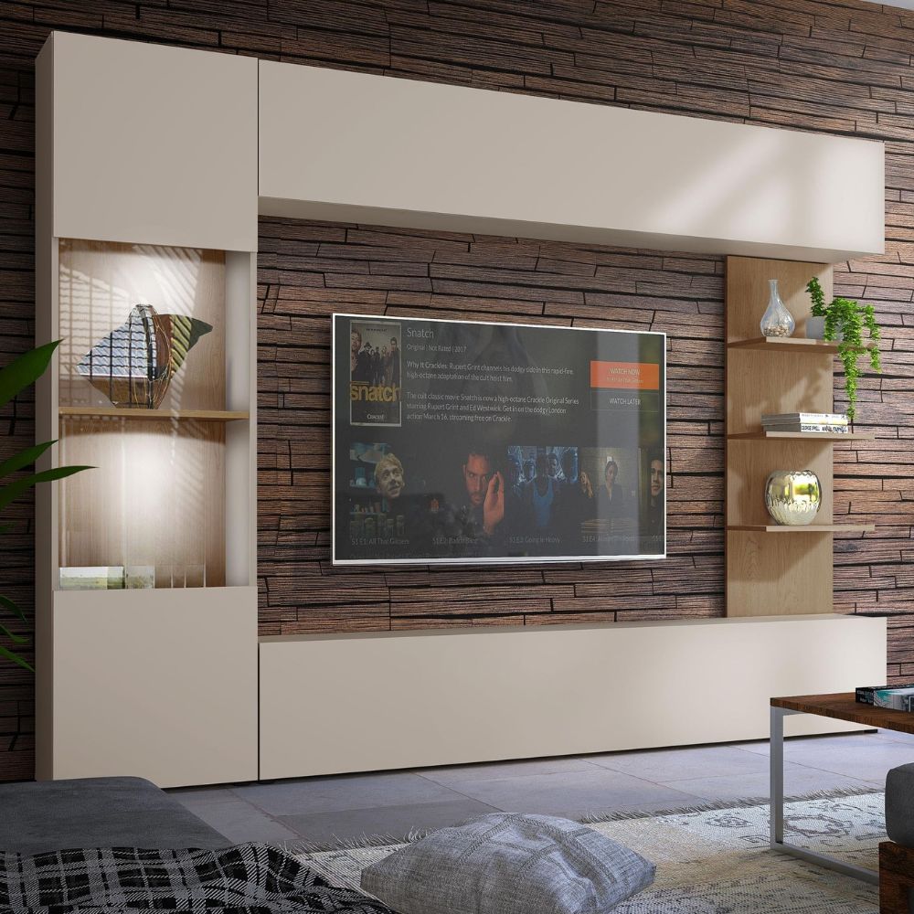 Wohnwand 'Lazando' | Mediawand, Vitrine, TV-Wand mit weißer LED Beleuchtung