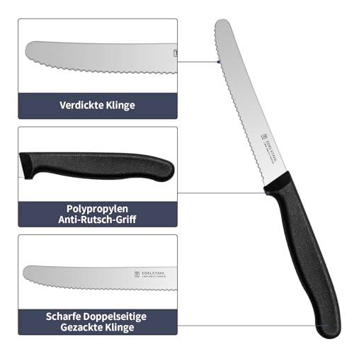High-quality stainless steel serrated breakfast knives (6 pieces) with plastic handle: Dishwasher safe