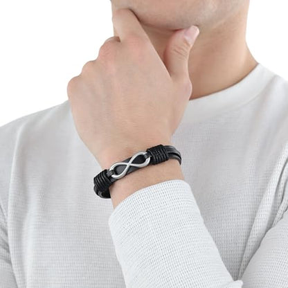 s.Oliver 'Infinity' leather-stainless steel bracelet for men in black (length: 20-21.5 cm)