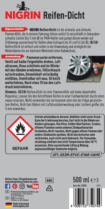NIGRIN Reifendicht (500ml): Sofortige Pannenhilfe repariert Löcher im Handumdrehen