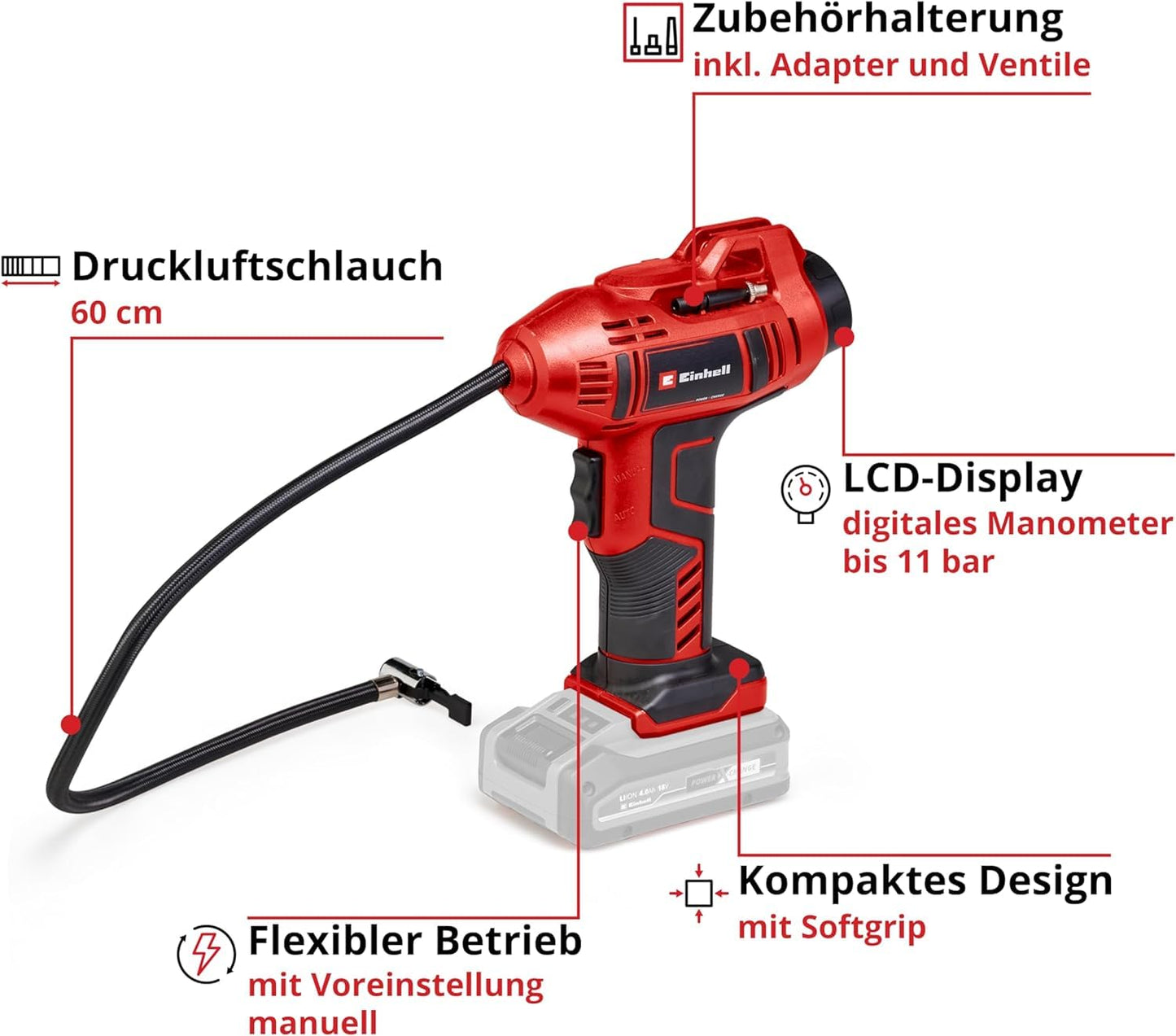 Einhell Cordless Car Compressor CE-CC 18 Li-Solo Power X-Change (18V, max. 11 bar, 60cm compressed air hose)