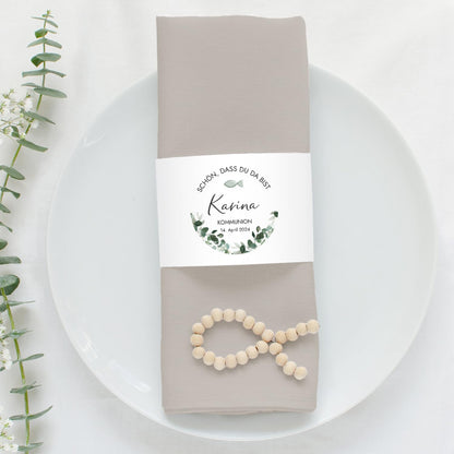 12x napkin banderole personalized (21x6.5cm) with eucalyptus greenery design
