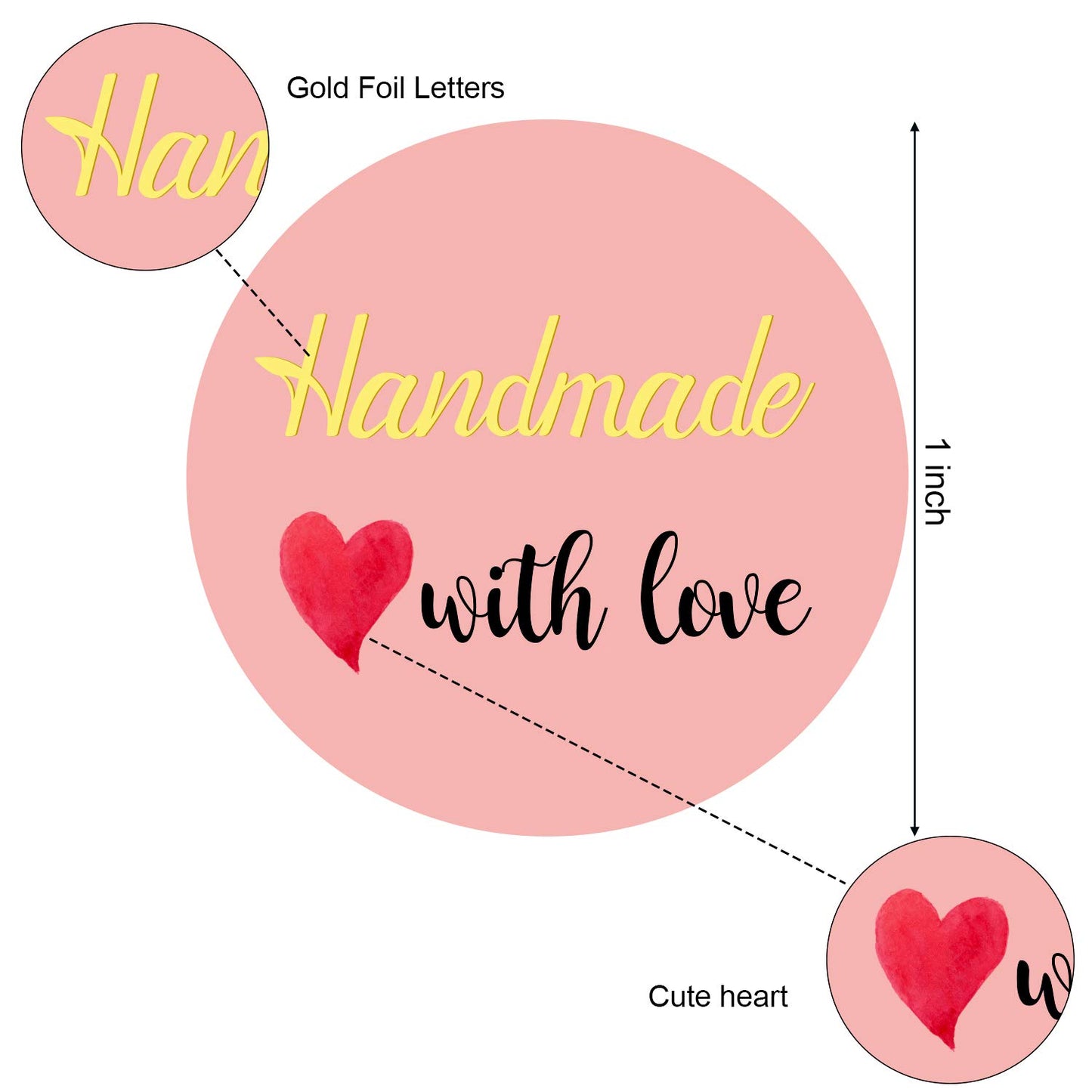 Handmade with Love Aufkleber (Rund - Ø 2,5cm) für Geschäft, Hochzeit, Geschenkpackung
