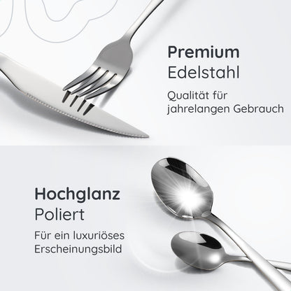 Deleca stainless steel cutlery set for 12 people (72 pieces): Dishwasher safe, silver table cutlery for home