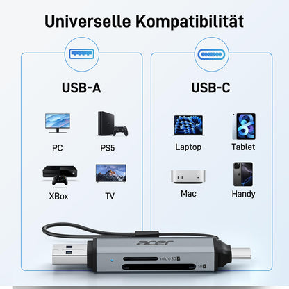 acer USB-C, USB 3.0 card reader | Dual-slot SD/microSD adapter for PC, Mac, smartphone