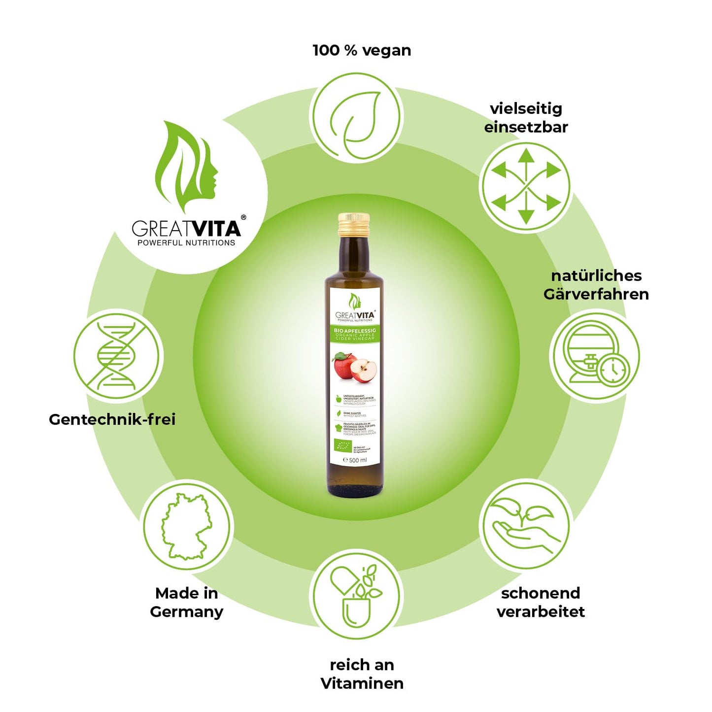 GreatVita 100% Bio Apfelessig (2x 500ml - 1 Liter): Naturtrüb & ungefiltert aus biologischem Anbau