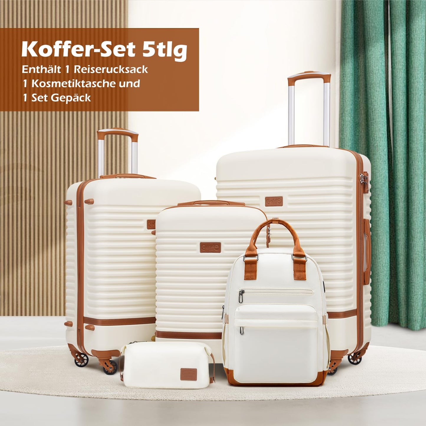 COOLIFE Hartschalen Reisekoffer-Set (5-teilig): ABS, 4 Rollen, TSA-Schloss | Weißbraun