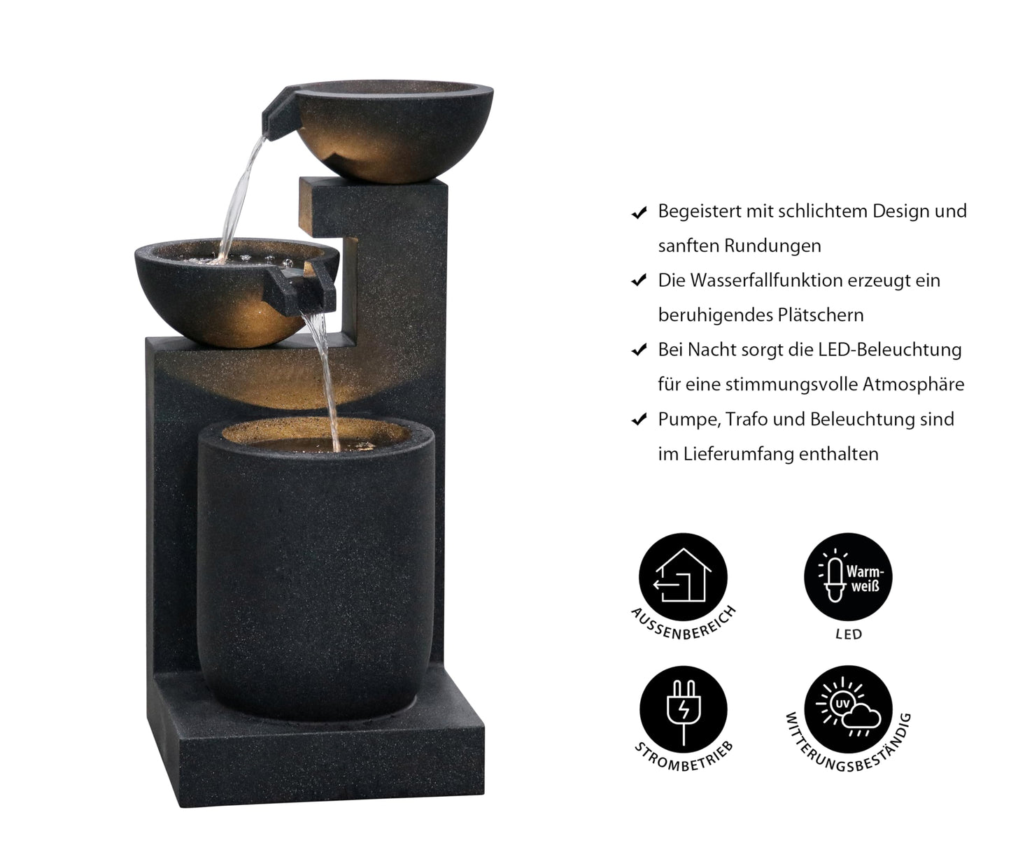 Dehner Samson Garden Fountain, Frost-Resistant Patio Fountain, Outdoor Fountain with LED Lighting, Approx. 100 x 54.5 x 54.5 cm, Polyresin, Black