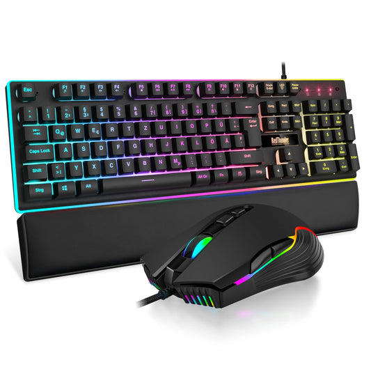 RedThunder K10 Gaming Keyboard and Mouse Set, QWERTZ DE Layout, Metal Plate and Wrist Rest, RGB Backlight and 7D Ergonomic for PC Gamers (Black)