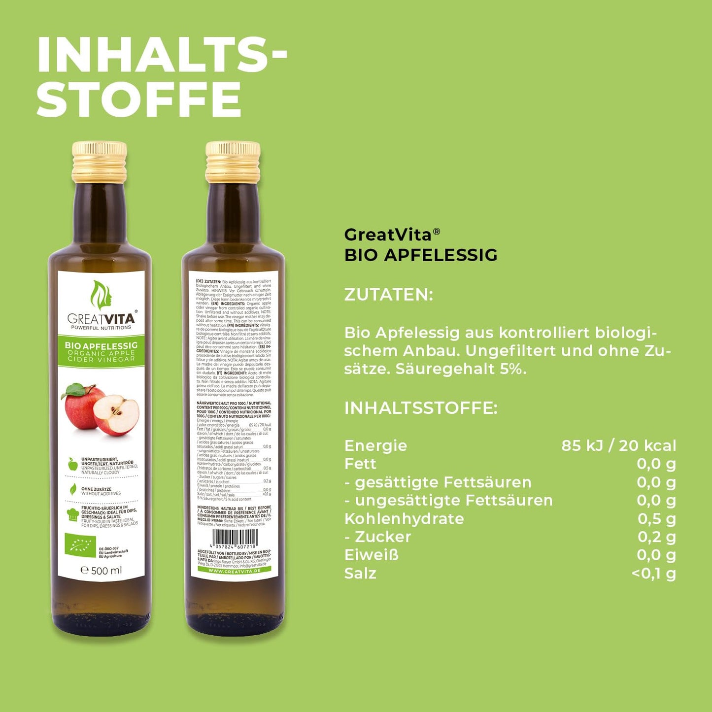 GreatVita 100% Bio Apfelessig (2x 500ml - 1 Liter): Naturtrüb & ungefiltert aus biologischem Anbau