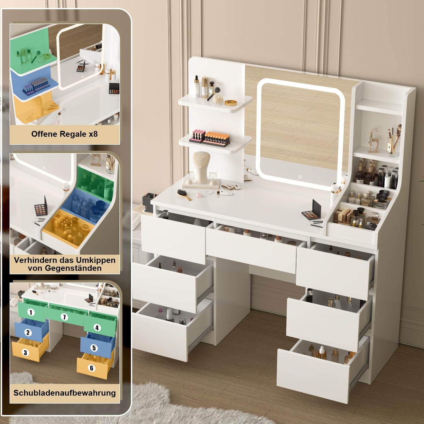 TRIUMPHKEY dressing table with LED lighting | 7 drawers, touch mirror