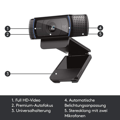 Logitech C920 HD PRO Webcam, Full-HD 1080p, 78° Sichtfeld, Autofokus, Klarer Stereo-Sound, Belichtungskorrektur, USB-Anschluss, Für Skype, FaceTime, Hangouts, etc., PC/Mac/ChromeOS/Android - Schwarz