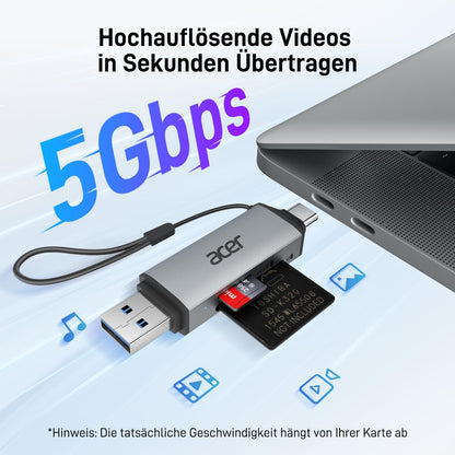 acer USB-C, USB 3.0 card reader | Dual-slot SD/microSD adapter for PC, Mac, smartphone