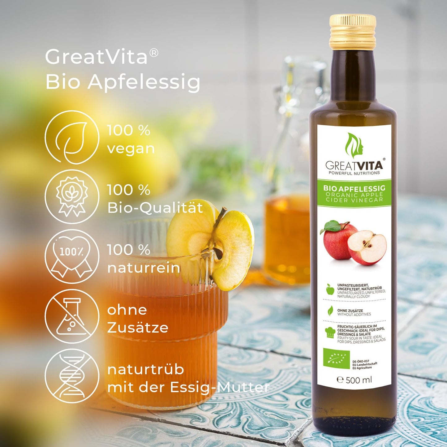 GreatVita 100% Bio Apfelessig (2x 500ml - 1 Liter): Naturtrüb & ungefiltert aus biologischem Anbau