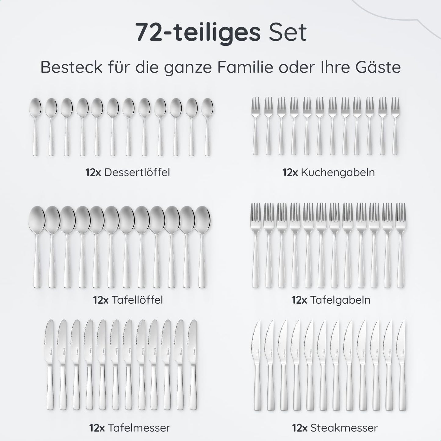 Deleca stainless steel cutlery set for 12 people (72 pieces): Dishwasher safe, silver table cutlery for home