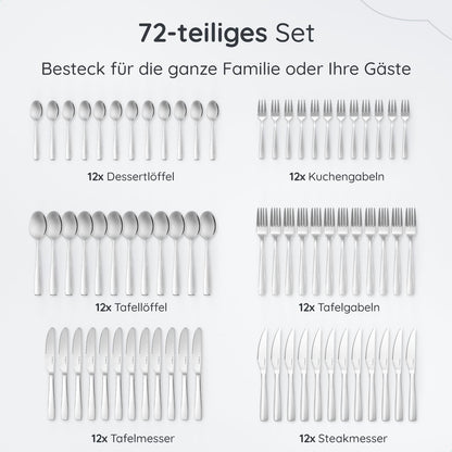 Deleca stainless steel cutlery set for 12 people (72 pieces): Dishwasher safe, silver table cutlery for home