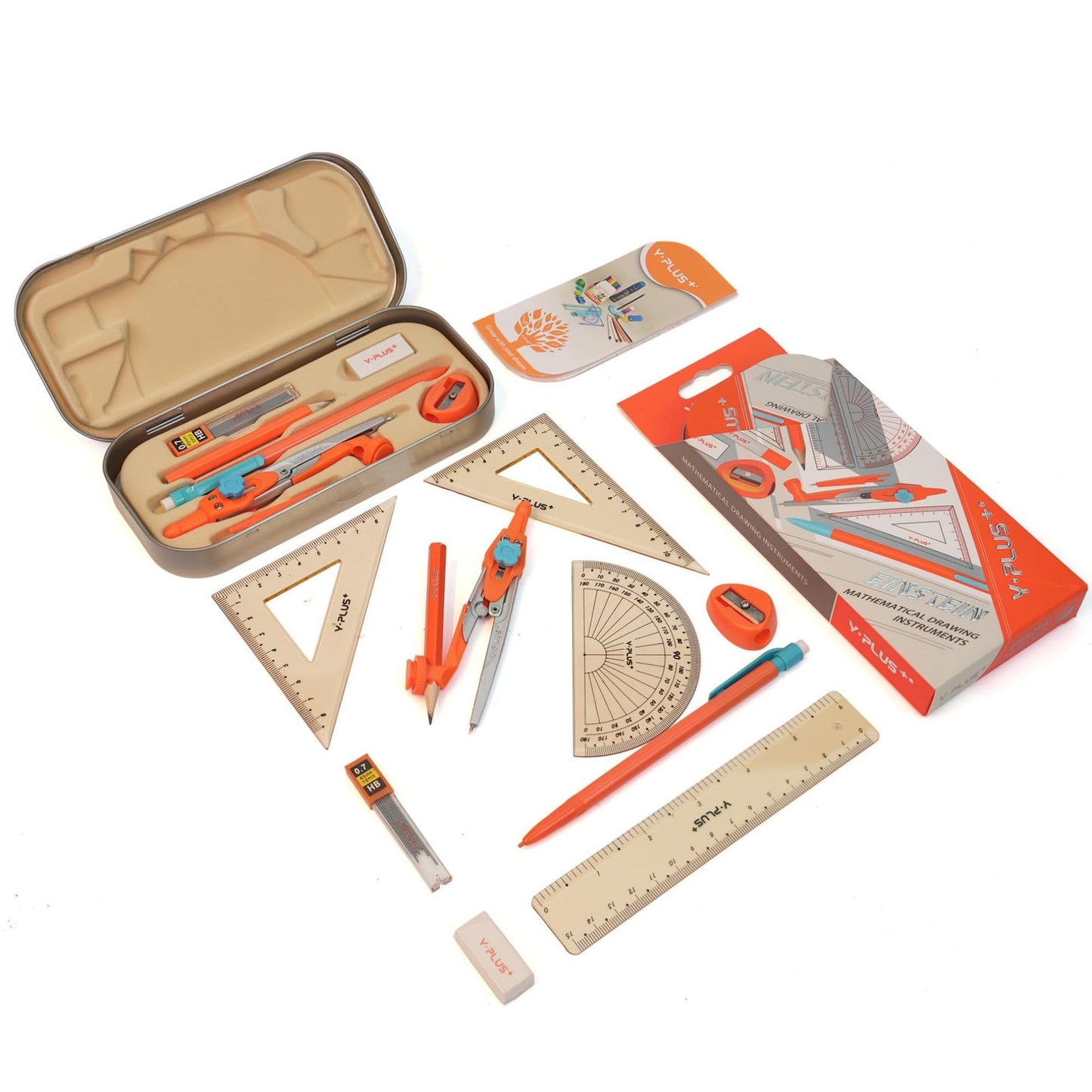 Mathematics geometry set with ruler, protractor, protractor and pencils