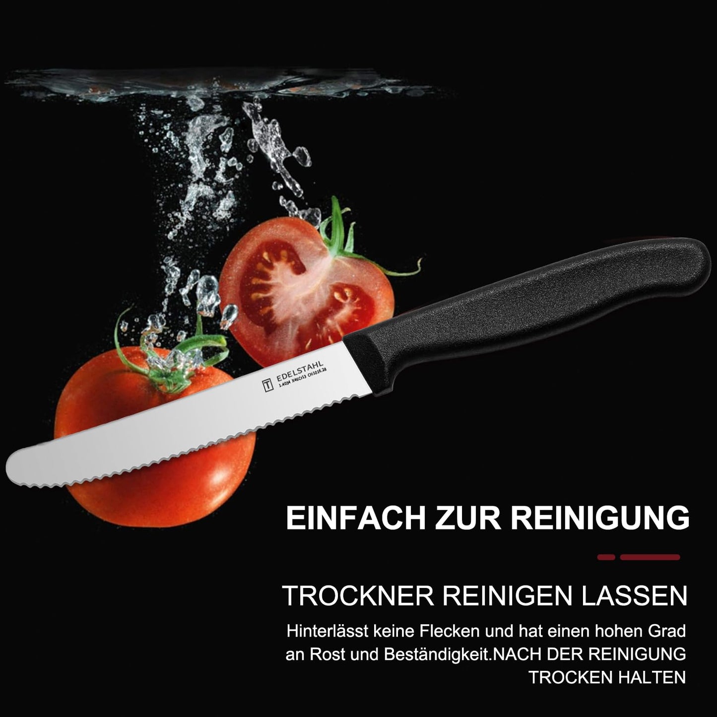 High-quality stainless steel serrated breakfast knives (6 pieces) with plastic handle: Dishwasher safe