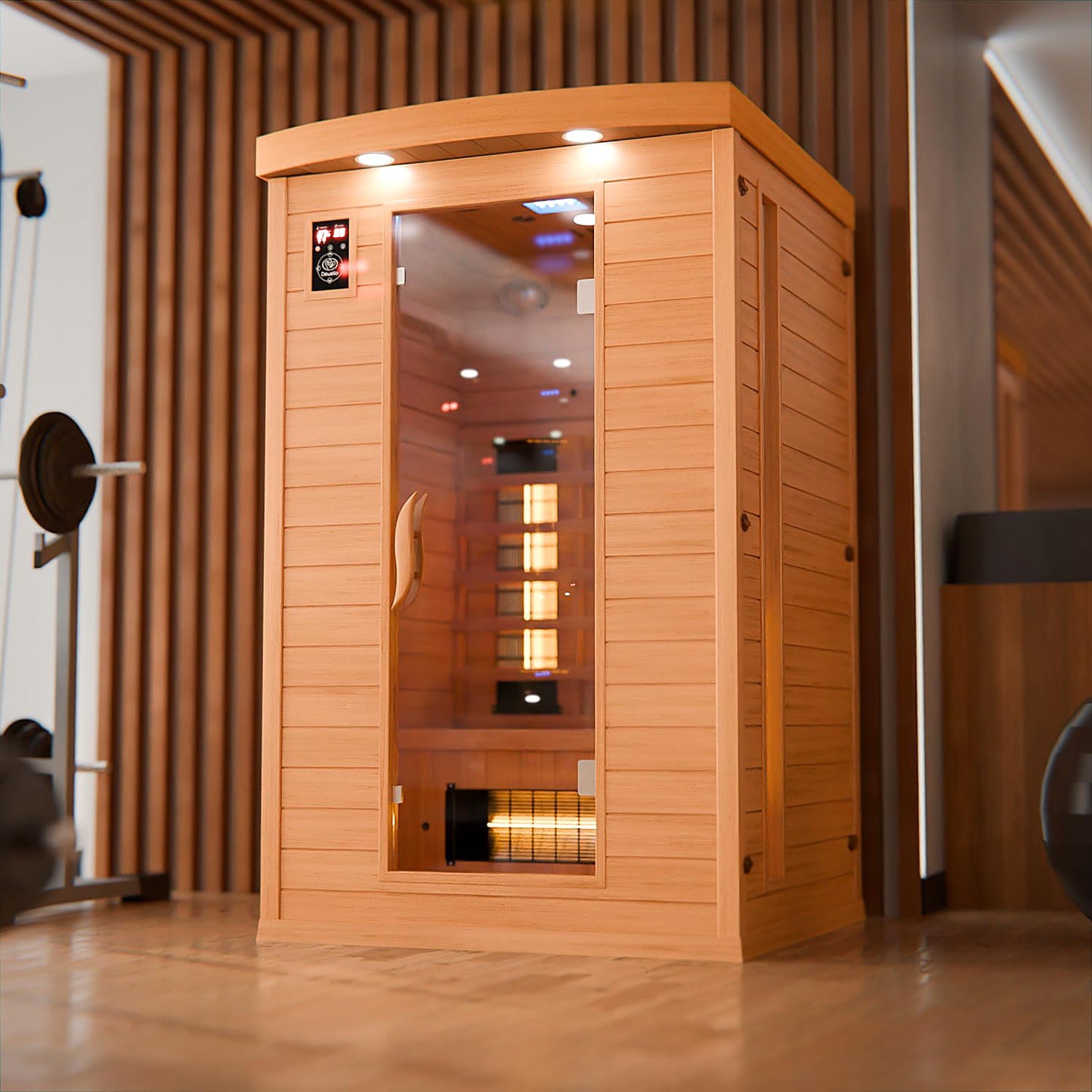 Dewello® infrared sauna 'Hyder' (115x105cm) for 1-2 people made of hemlock wood, LED, Bluetooth