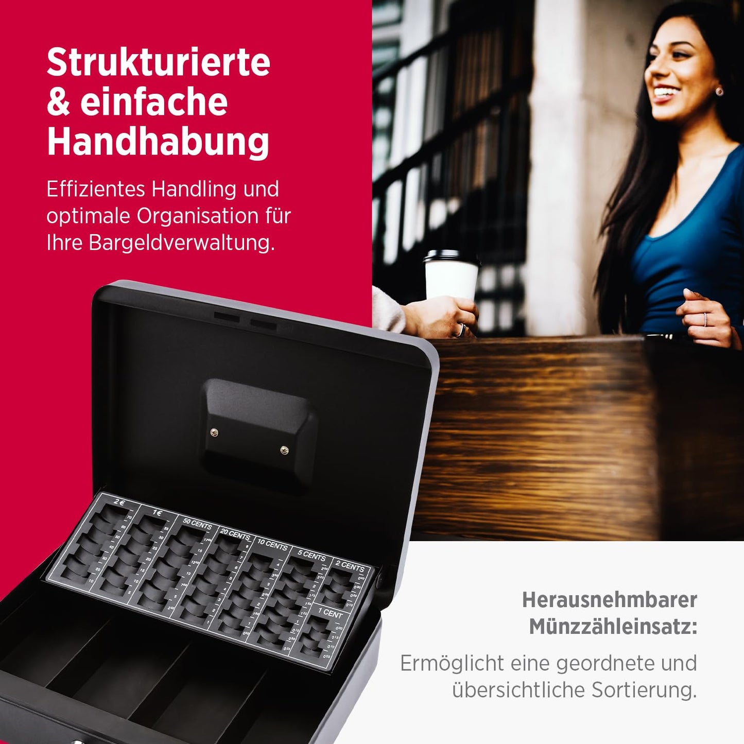 Olympia (6031 CB 770 Plus) cashbox: Lockable with key &amp; coin counting board including counterfeit detector