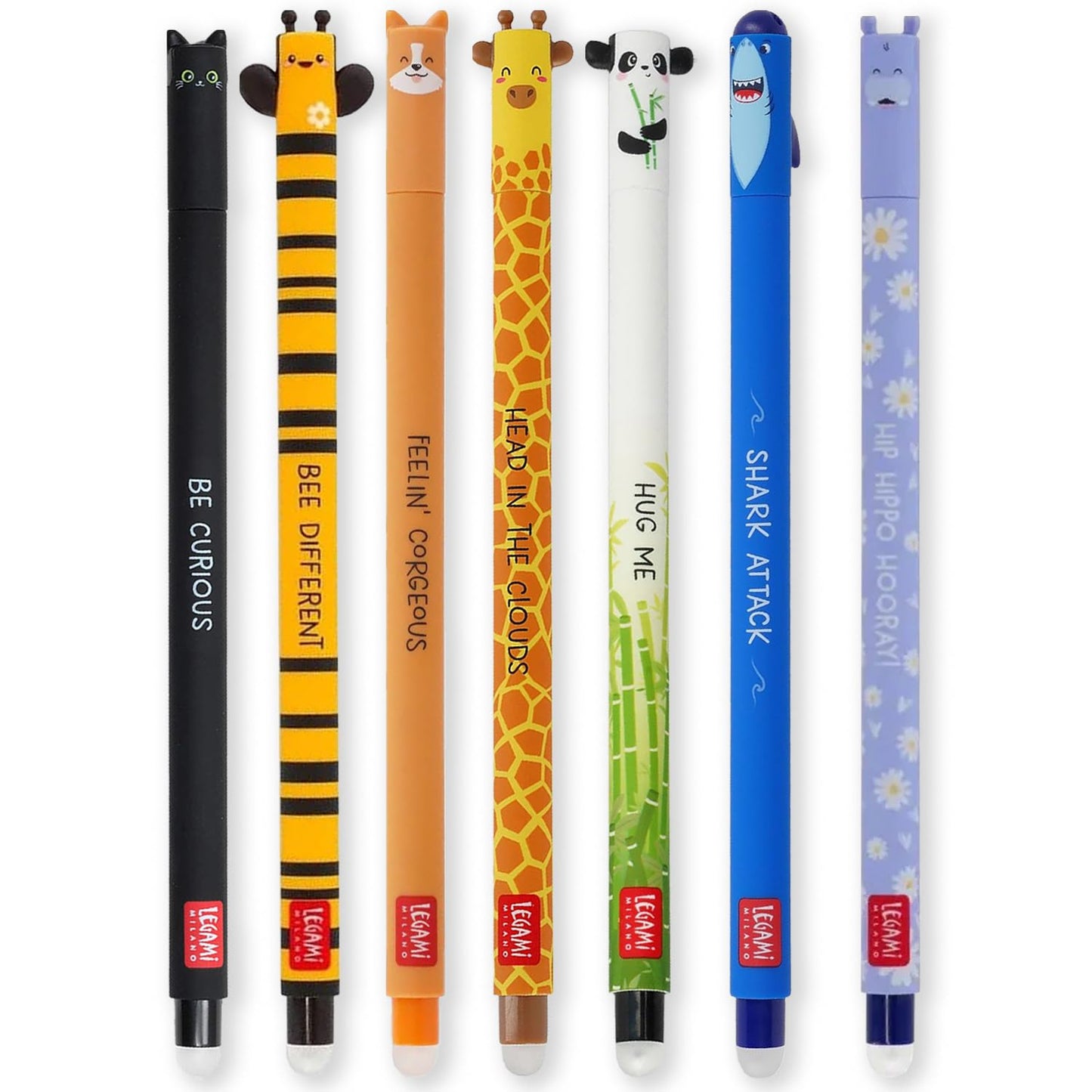 Legami set of 7 erasable gel pens with thermosensitive eraser ink, assorted ink colors and barrel designs, 0.7 mm tip, designs: cat, bee, corgi, giraffe, panda, shark, hippo