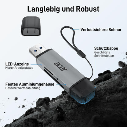 acer USB-C, USB 3.0 card reader | Dual-slot SD/microSD adapter for PC, Mac, smartphone