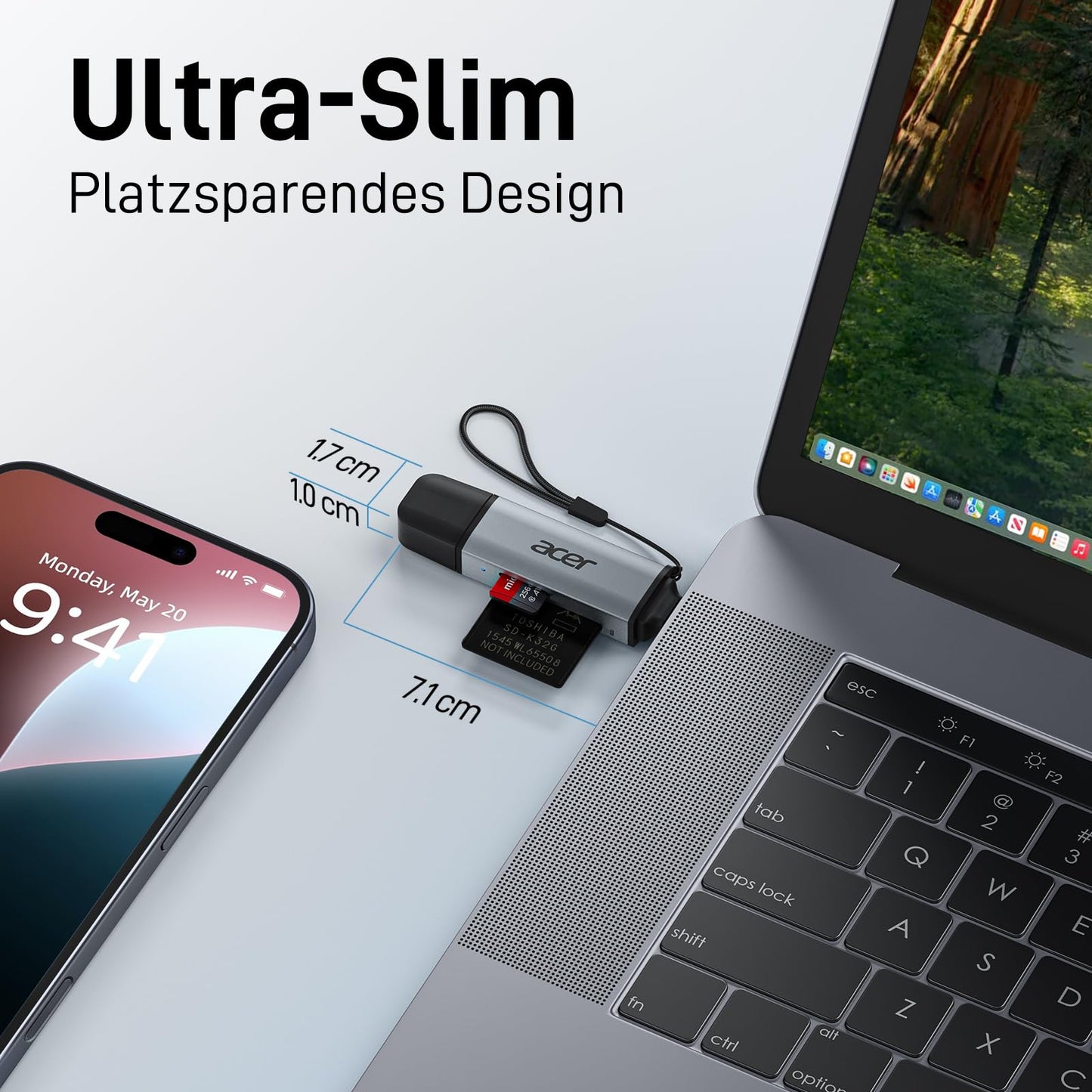 acer USB-C, USB 3.0 card reader | Dual-slot SD/microSD adapter for PC, Mac, smartphone
