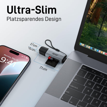 acer USB-C, USB 3.0 card reader | Dual-slot SD/microSD adapter for PC, Mac, smartphone