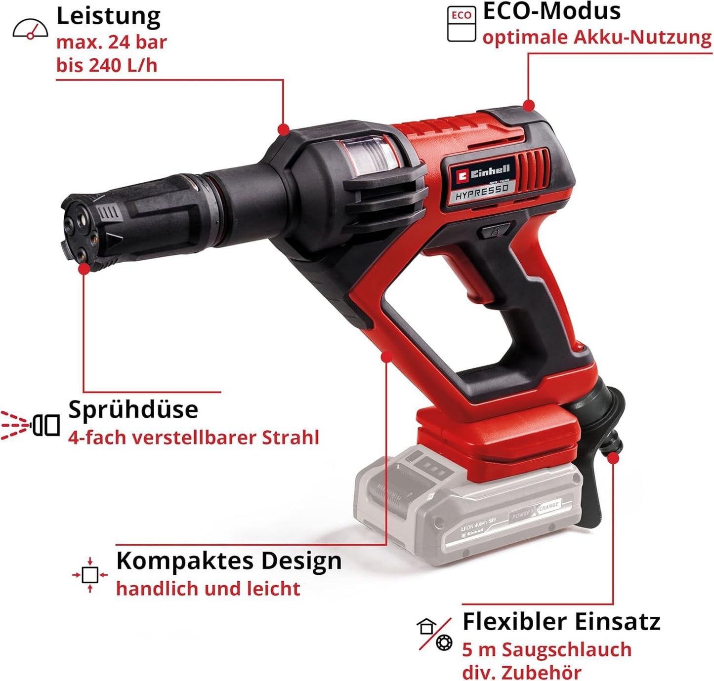 Einhell Akku-Druckreinigerpistole HYPRESSO 18/24-1 Power X-Change inkl. Zubehör (18V, 24 bar, 240 L/h)