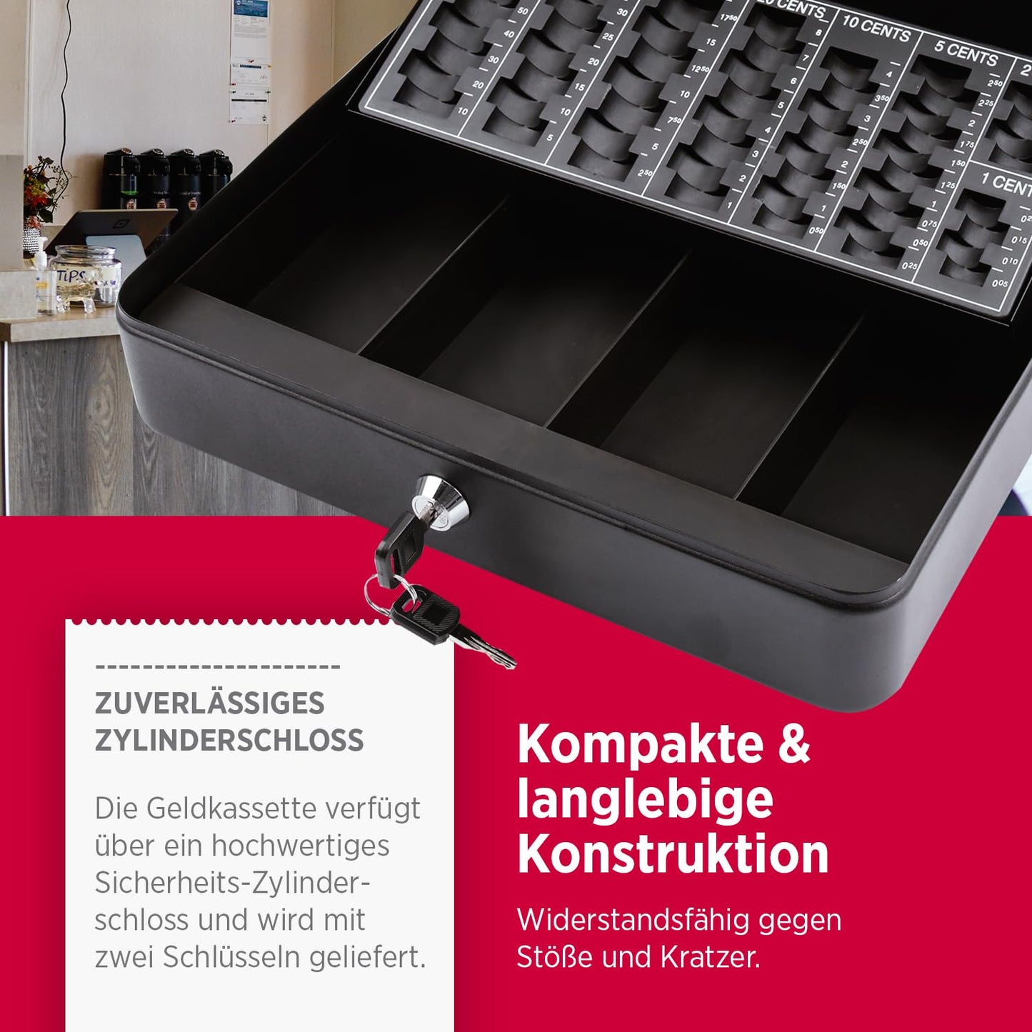Olympia (6031 CB 770 Plus) cashbox: Lockable with key &amp; coin counting board including counterfeit detector