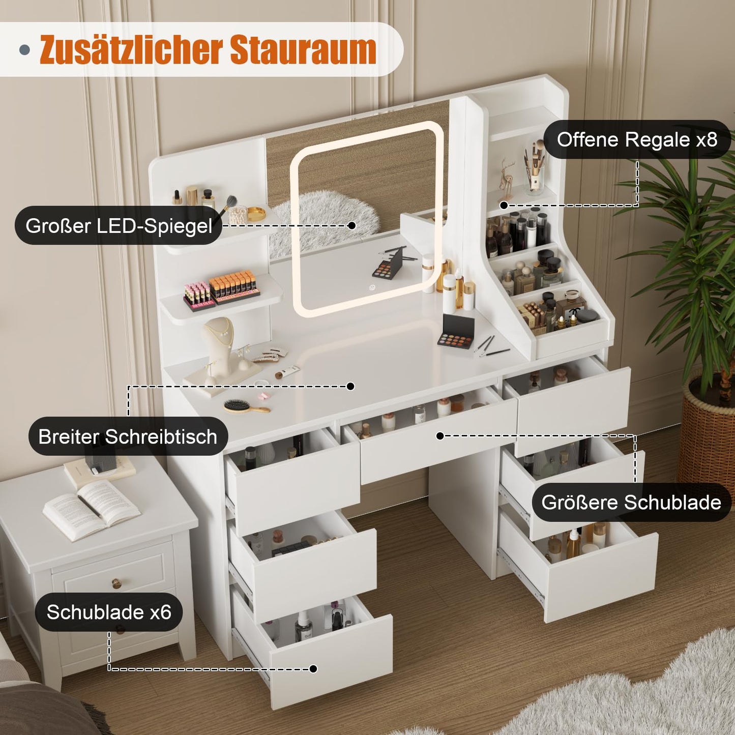 TRIUMPHKEY dressing table with LED lighting | 7 drawers, touch mirror