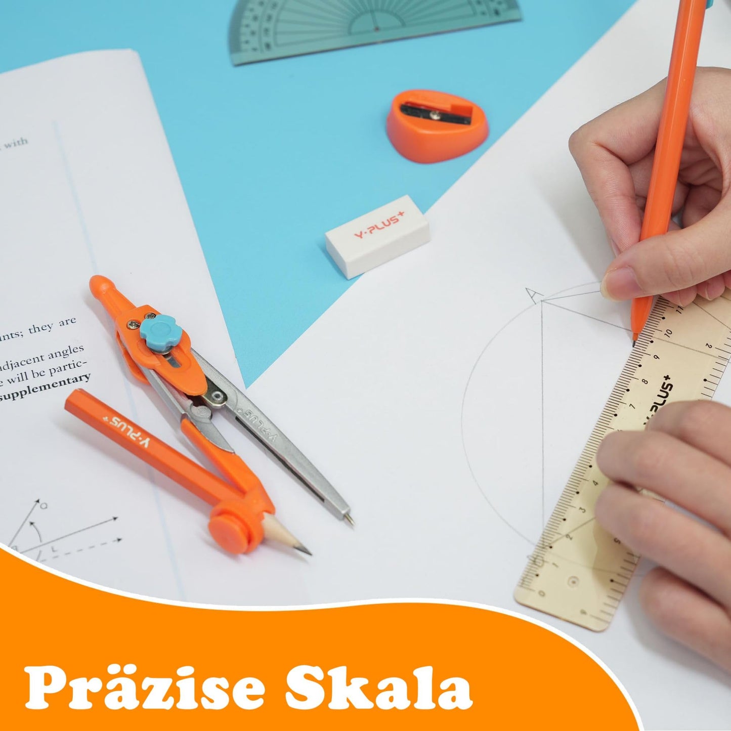 Mathematics geometry set with ruler, protractor, protractor and pencils