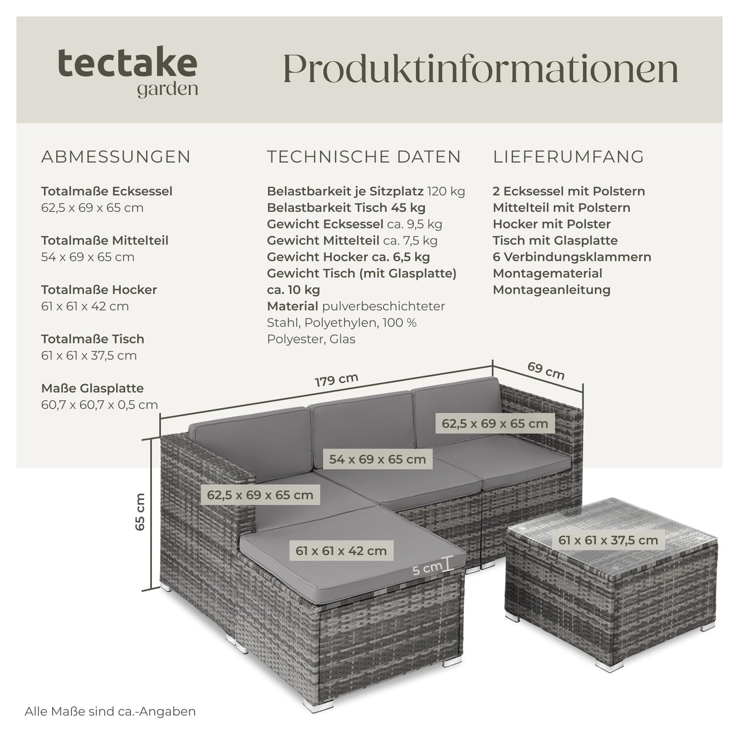 tectake® poly rattan lounge seating group with sofa, armchair, stool and table: Weatherproof