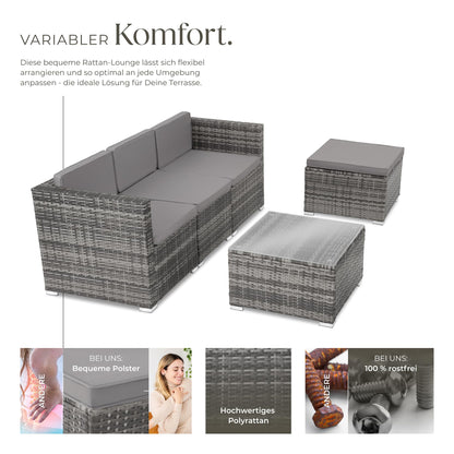 tectake® poly rattan lounge seating group with sofa, armchair, stool and table: Weatherproof