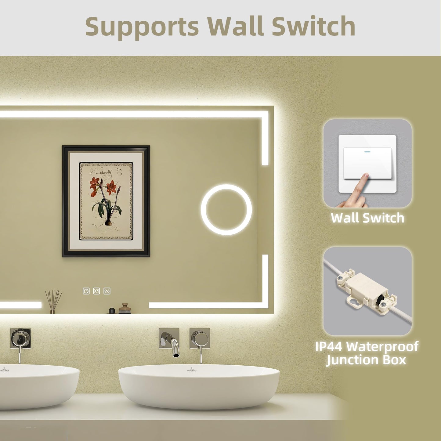 STARLEAD Bathroom Mirror with Lighting 120x70cm, Bathroom Mirror with 5X Magnifying Mirror with Light, 3 Light Colors, Adjustable Brightness, Defogging, IP44 LED Mirror Bathroom, HD Tempered Glass