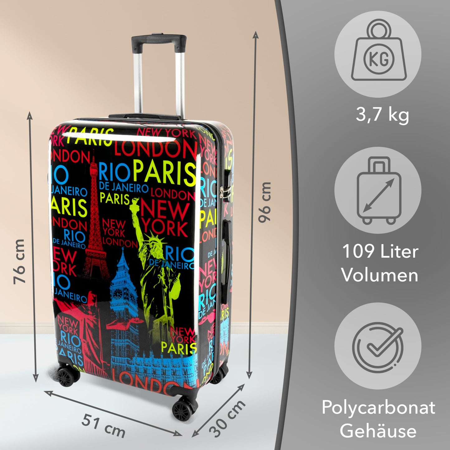 XONIC Design hard-shell suitcase with 360° smooth-running wheels &amp; combination lock (ML-XL or set)