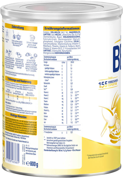 BEBA Junior 2+ Milchgetränk (3x 800g) ab dem 2. Geburtstag: Babynahrung mit HMO 2'-FL