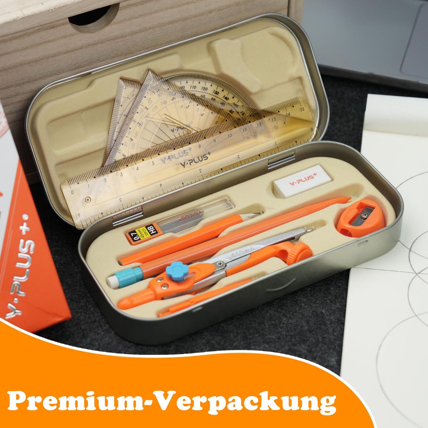 Mathematics geometry set with ruler, protractor, protractor and pencils