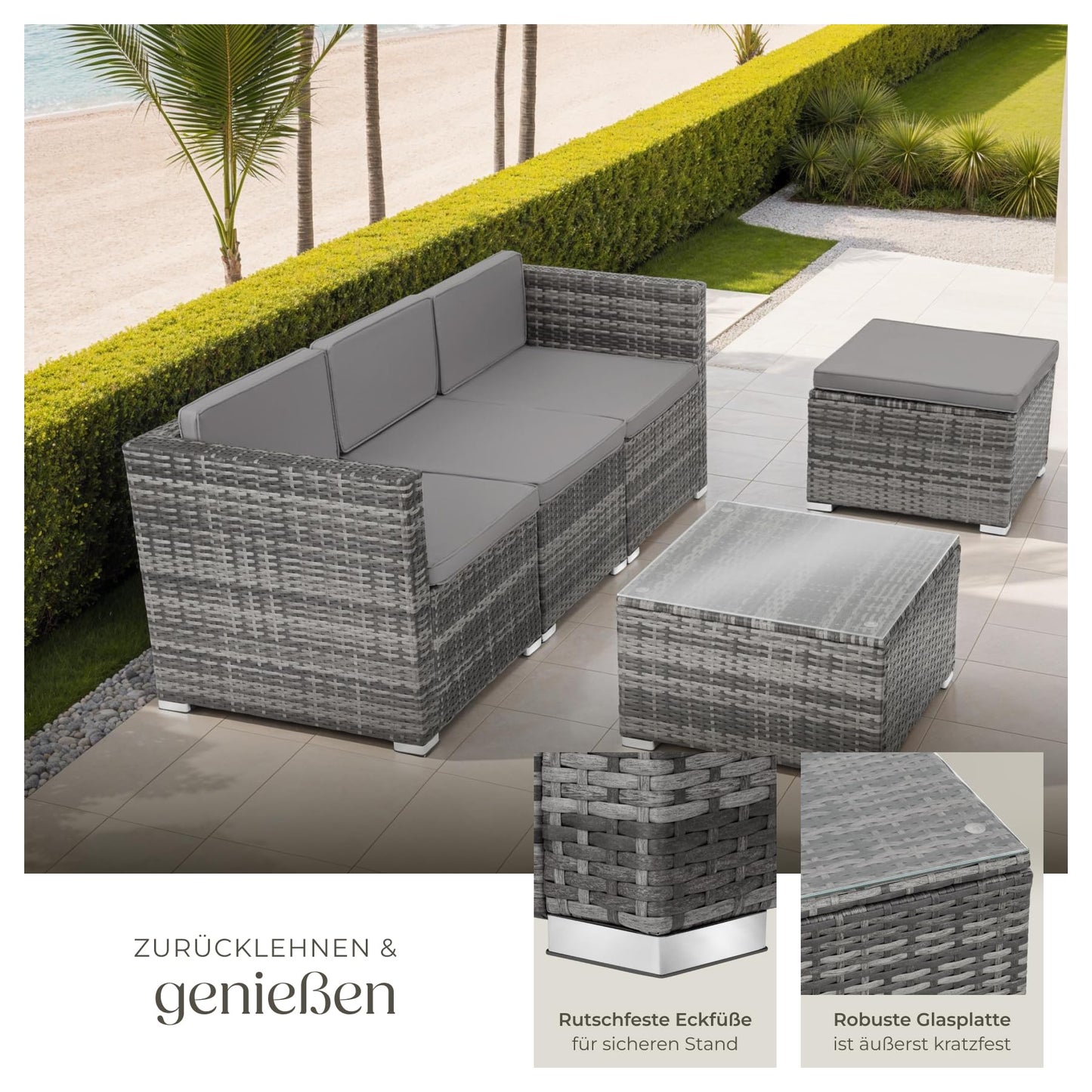 tectake® poly rattan lounge seating group with sofa, armchair, stool and table: Weatherproof