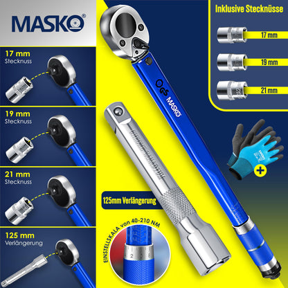 MASKO® torque wrench (6-piece): 40-210Nm 1/2' CV incl. 3 sockets + assembly gloves case