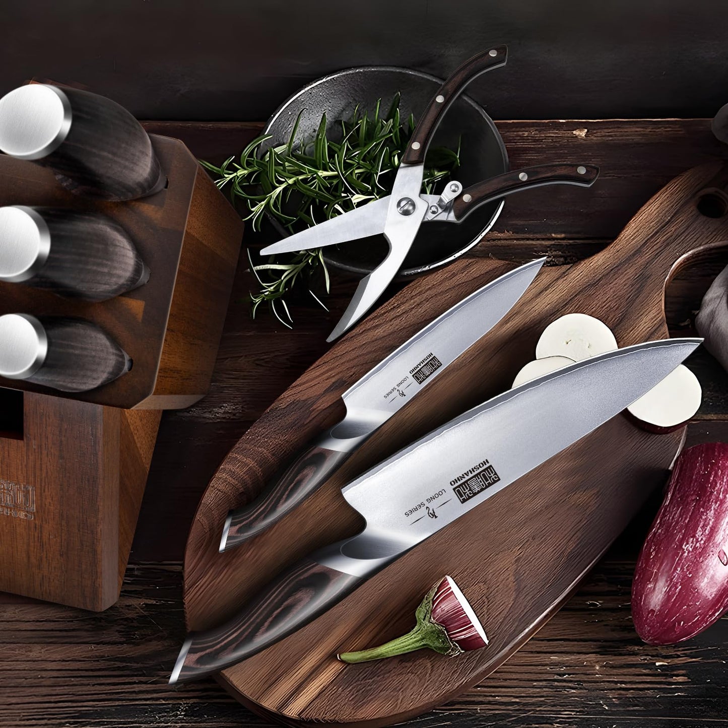 HOSHANHO professional knife block set with wooden block (8 pieces) made of Japanese steel
