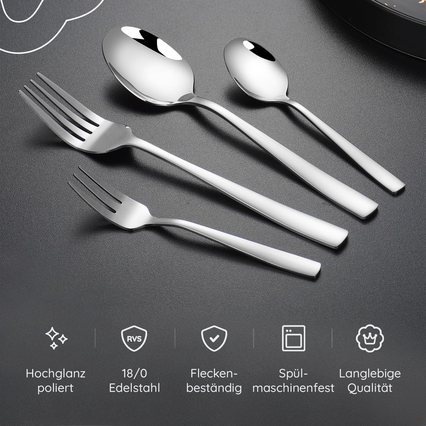 Deleca stainless steel cutlery set for 12 people (72 pieces): Dishwasher safe, silver table cutlery for home