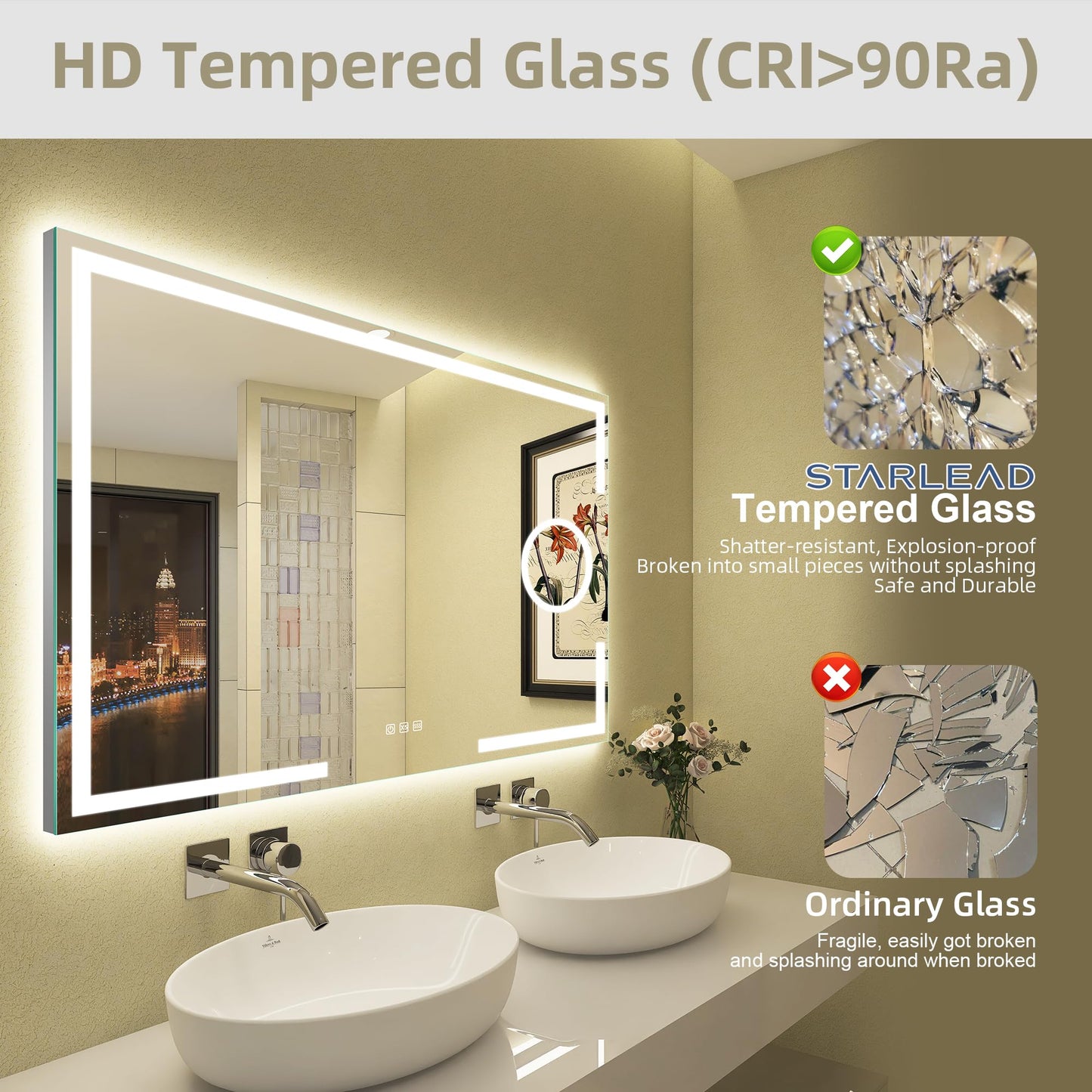 STARLEAD Bathroom Mirror with Lighting 120x70cm, Bathroom Mirror with 5X Magnifying Mirror with Light, 3 Light Colors, Adjustable Brightness, Defogging, IP44 LED Mirror Bathroom, HD Tempered Glass