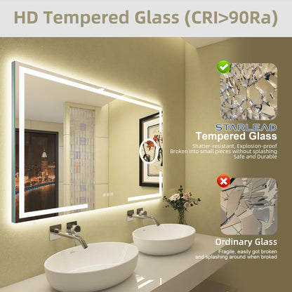 STARLEAD Bathroom Mirror with Lighting 120x70cm, Bathroom Mirror with 5X Magnifying Mirror with Light, 3 Light Colors, Adjustable Brightness, Defogging, IP44 LED Mirror Bathroom, HD Tempered Glass