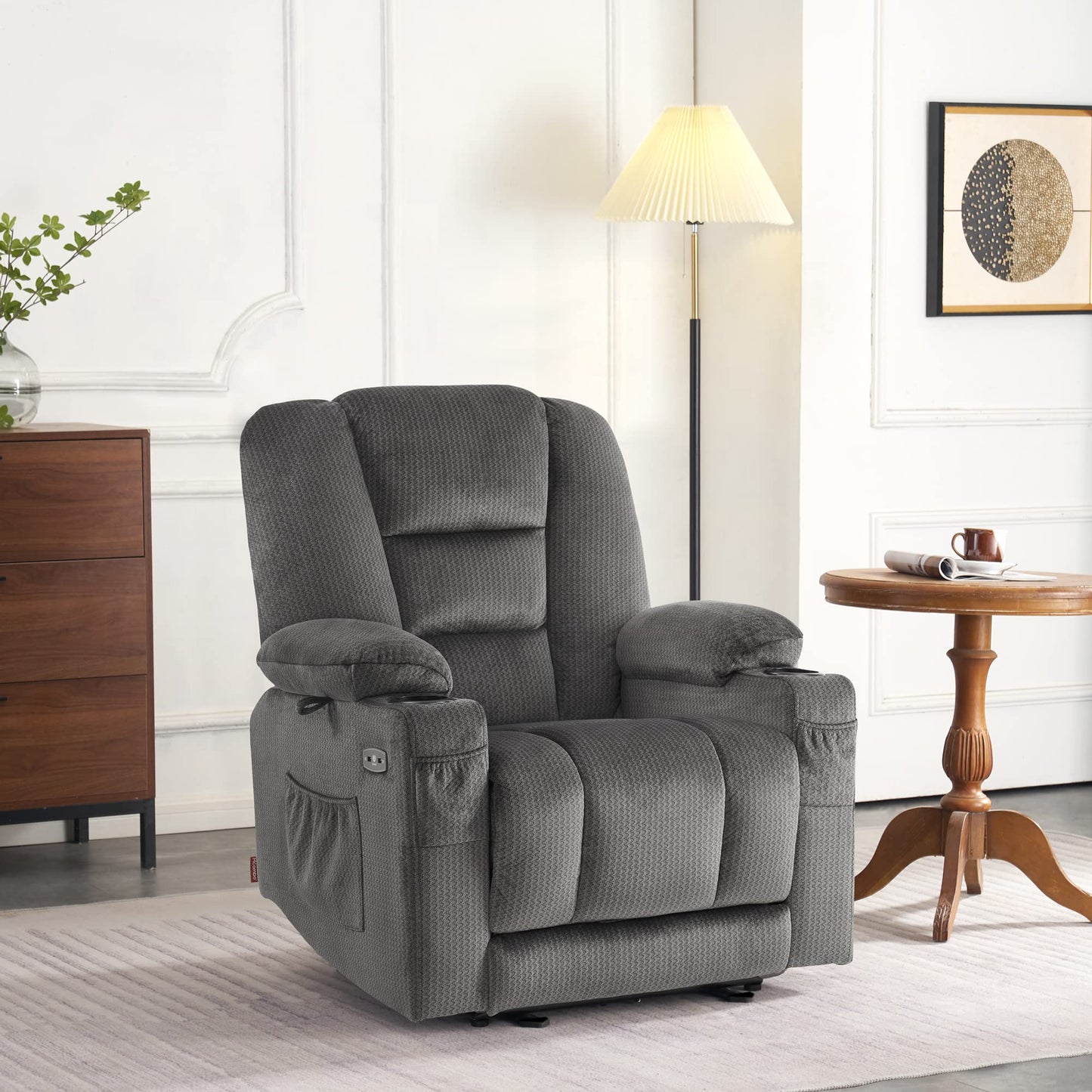 M MCombo Fernseh- Relaxsessel (7008) mit Liege-, Massage und Wärmefunktion: Elektrisch verstellbar, USB & Getränkehalter in Grau