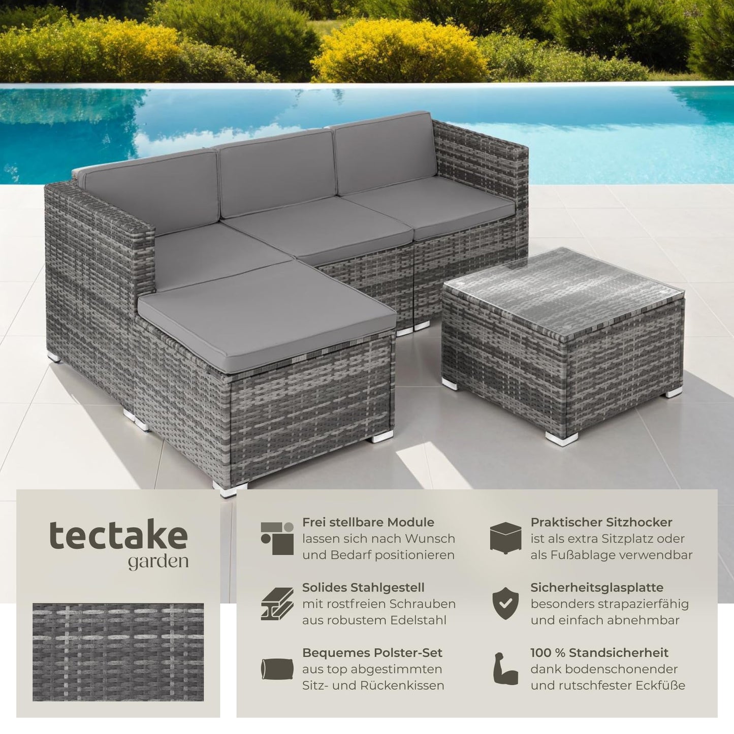 tectake® poly rattan lounge seating group with sofa, armchair, stool and table: Weatherproof
