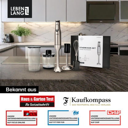 LEBENLANG Premium  Stabmixer Set (1200W) inkl. 5x Zubehör & Spritzschutz
