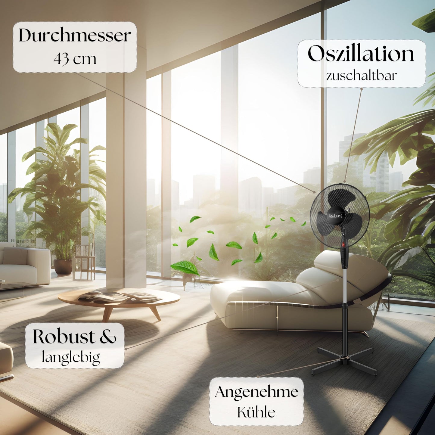 Echos® pedestal fan (Ø 43cm): Very quiet, energy-saving, 3 speeds, oscillation
